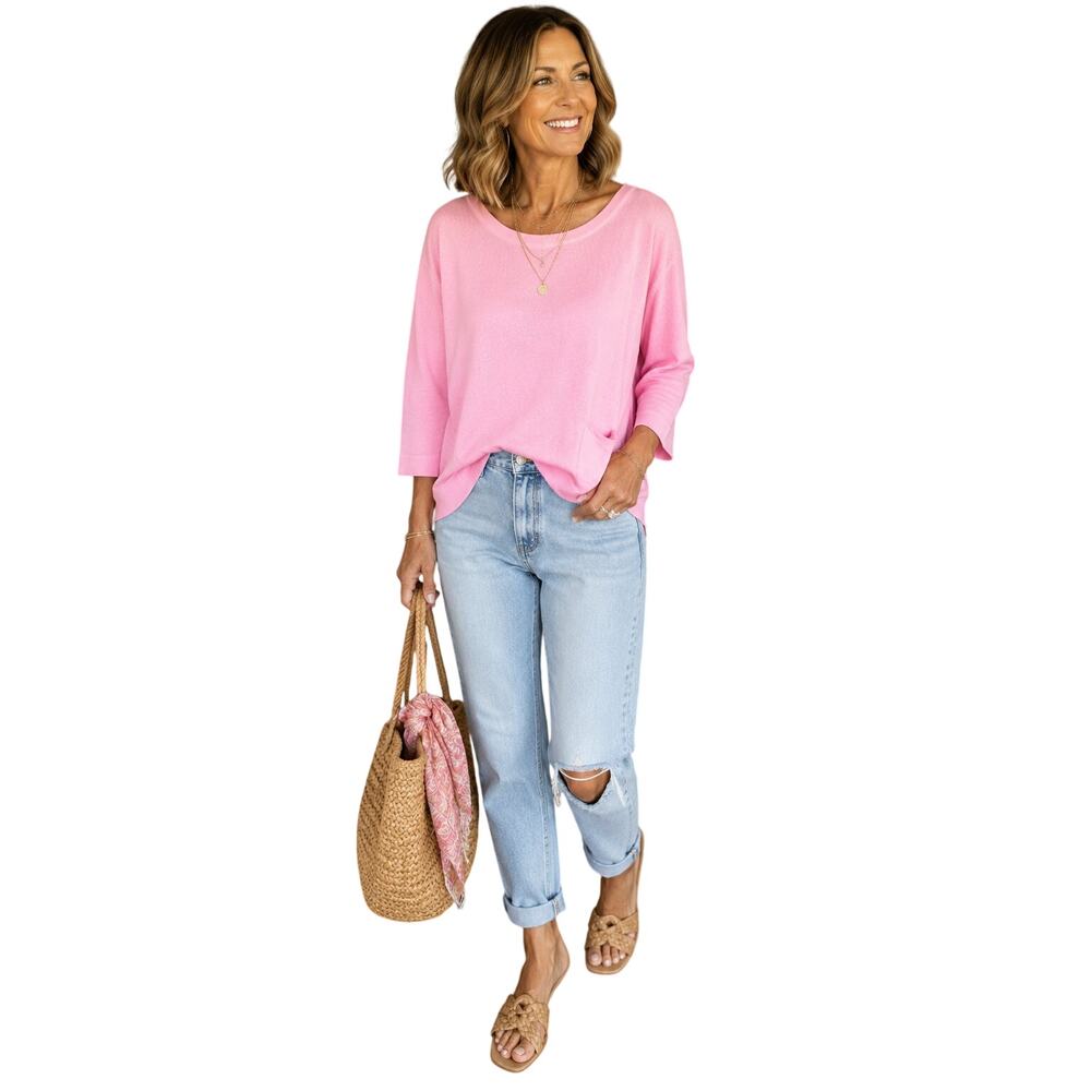 J.Jill Women's Pink 100% Cotton Boat Neck Sweater XL 3/4 Sleeve Pocket